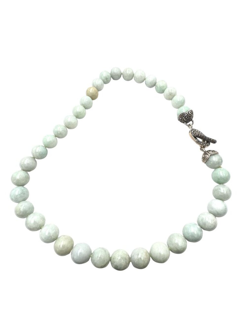 Green Jade Necklace Jade of Yesteryear Brand Sterling Silver Marcasite Clasp